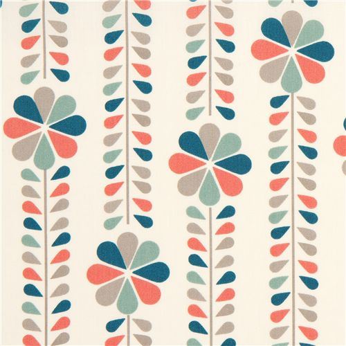 cream birch organic fabric with flower stems coral USA
