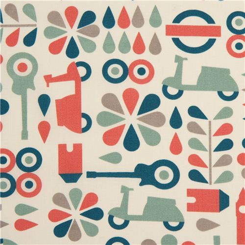 ecru birch organic fabric with red mopeds, cars, guitars