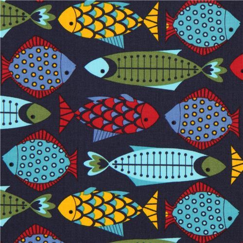 navy blue Timeless Treasures animal fabric colourful fish