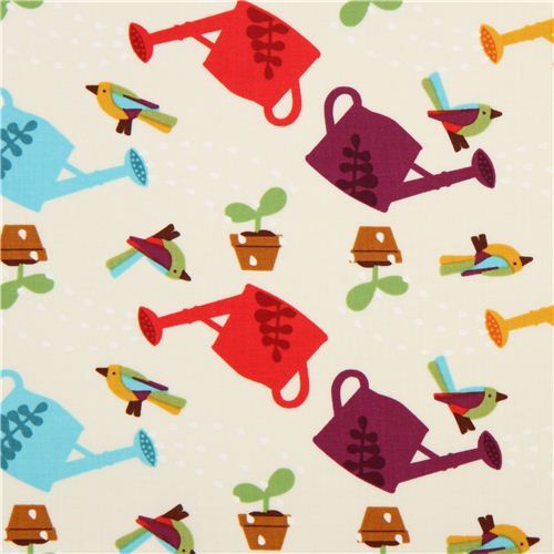 off-white gardening watering cans fabric Timeless Treasures