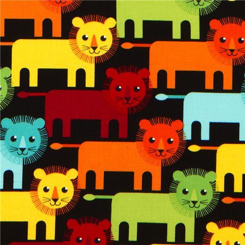 black fabric with funny lions by Robert Kaufman