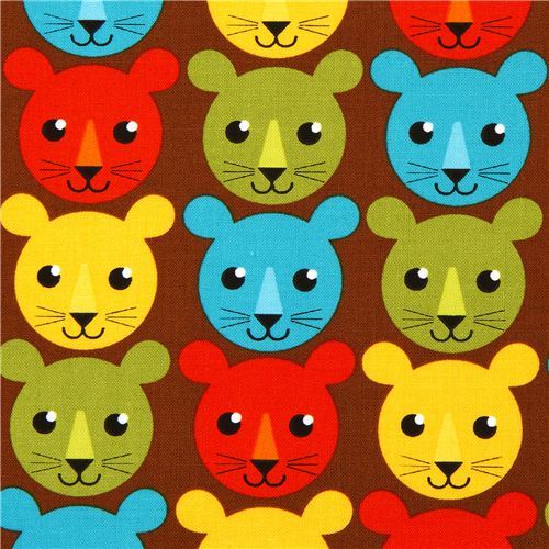 brown fabric with colourful tigers by Robert Kaufman