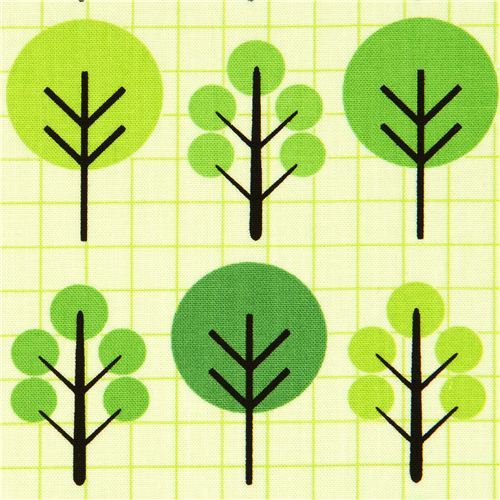 green fabric with trees and grid pattern Robert Kaufman USA