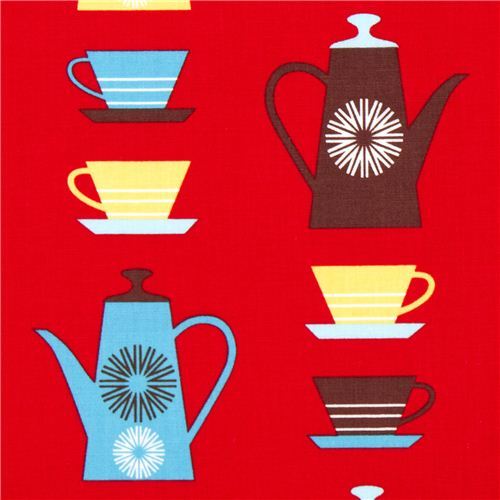 red fabric with coffee pots & mugs by Robert Kaufman