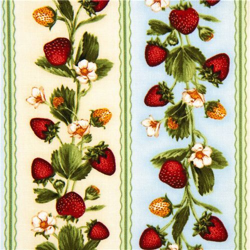 off-white fabric strawberry & stripes Robert Kaufman