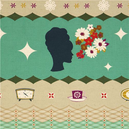 green Kokka retro fabric with clocks woman head Japan