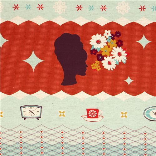 red Kokka retro fabric with clocks woman head Japan