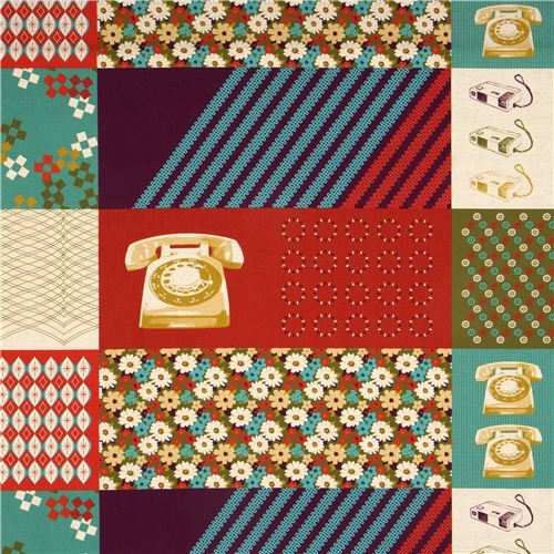 red Kokka retro fabric with phone flower rectangular
