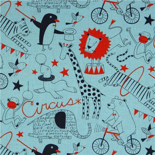 blue circus animals canvas fabric by Nancy Wolff Kokka