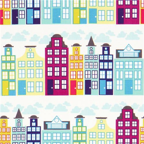 white city panorama fabric turquoise by Michael Miller USA