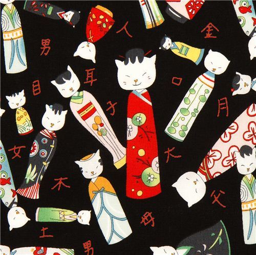 black Kokeshi cat dolls fabric by Alexander Henry