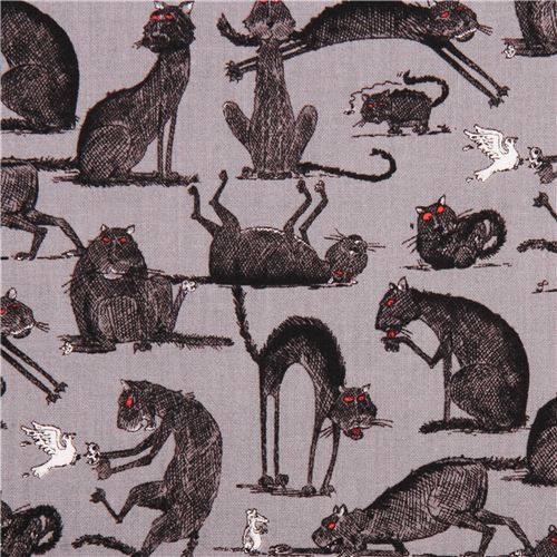 grey The Odditys black cat fabric by Elizabeth's Studio USA