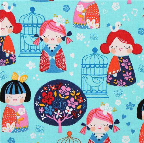 light blue turquoise kimono doll asia flower fabric by Robert Kaufman 