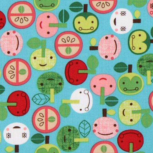 blue kawaii apple fabric with faces Robert Kaufman