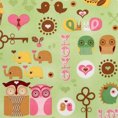 green kawaii owls fabric with hedgehog birdie elephant