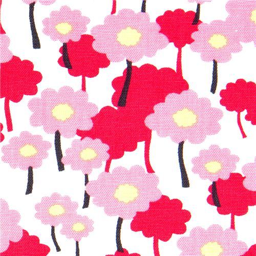 white organic fabric pink flowers Robert Kaufman