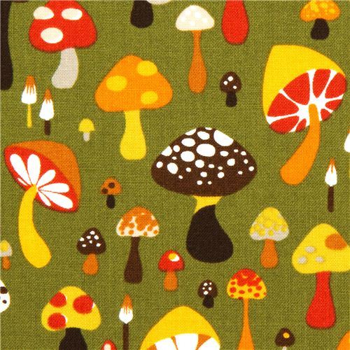olive green Alexander Henry fabric with colourful mushrooms