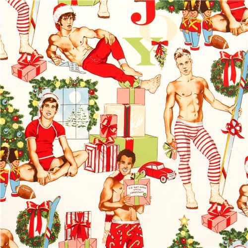white Christmas fabric Pin up men Alexander Henry USA