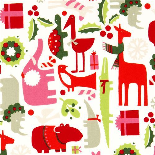 white Christmas fabric animals mistletoe Alexander Henry 