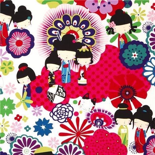 white Japanese Kokeshi doll fabric by Alexander Henry