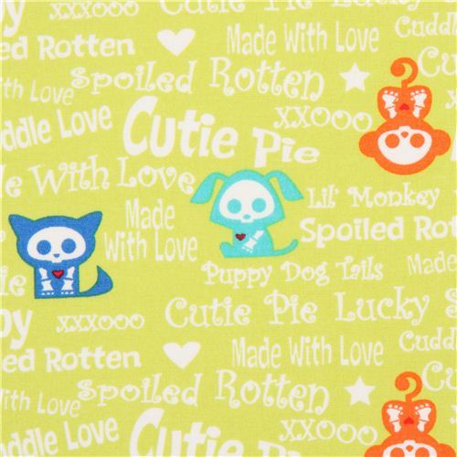 lime green Skelanimals animal skeleton fabric from the USA