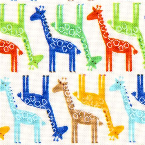white designer fabric with small colourful giraffes
