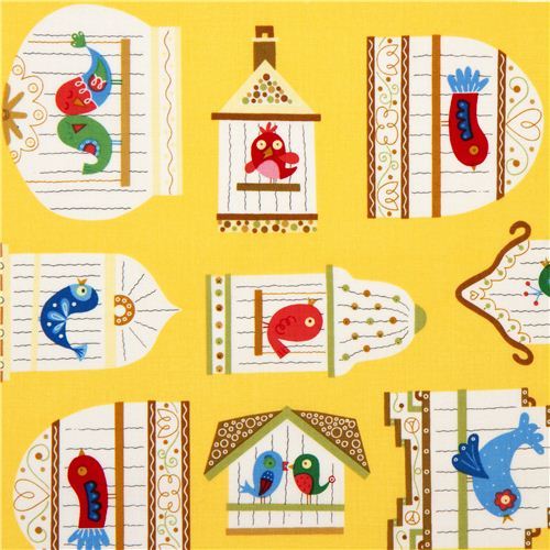 yellow bird cage designer fabric from the USA