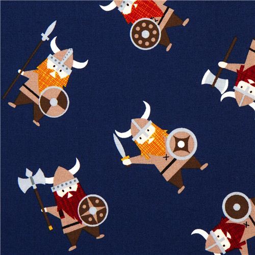 navy blue viking organic fabric with many vikings USA