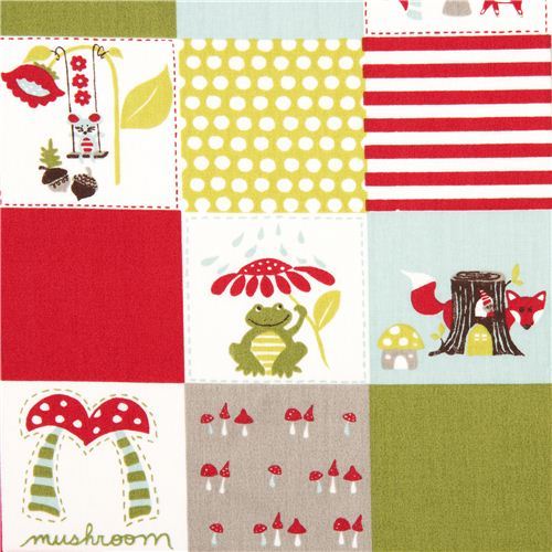 white monaluna organic fabric patchwork squares fox frog
