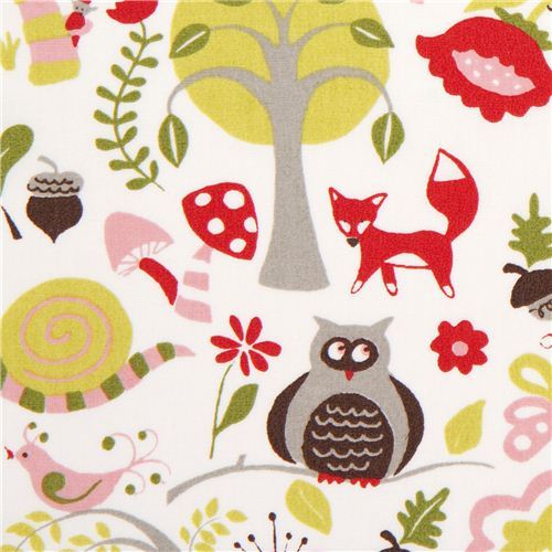 white monaluna organic fabric with fox owl frog toadstool
