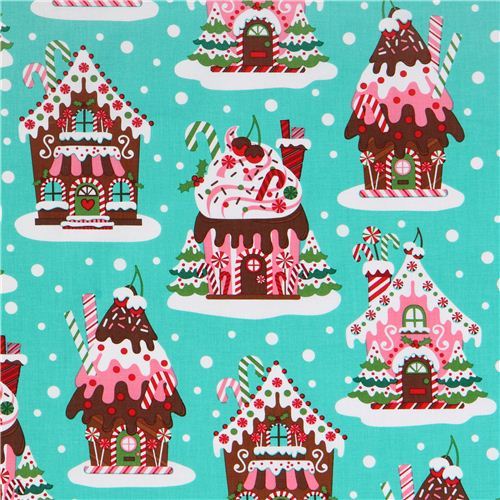 turquoise Gingerbread Houses Christmas fabric Michael Miller