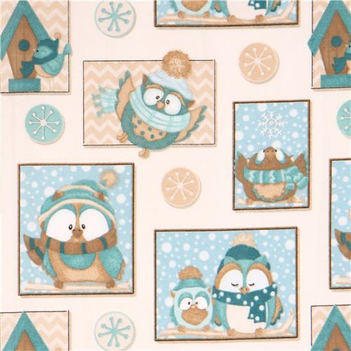 cream colored kawaii snow owl winter animals square flannel fabric