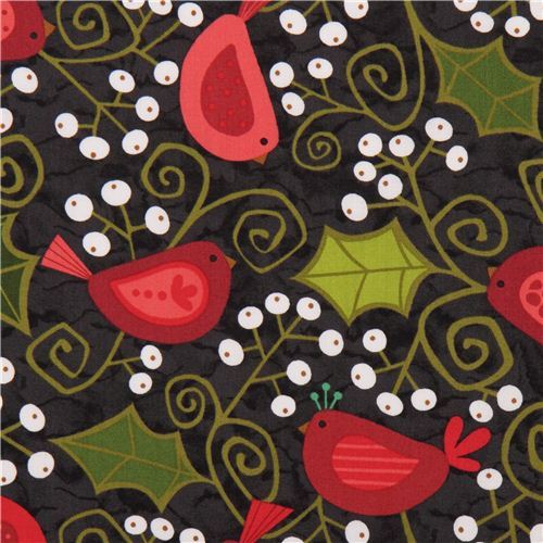 cute charcoal grey Christmas tree mistletoe bird fabric Andover USA