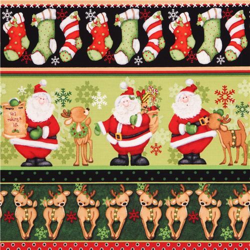 cute green reindeer Santa Claus ice crystals stripe winter Christmas fabric