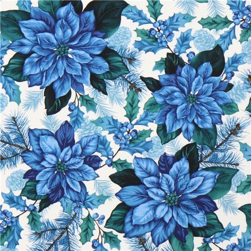 off-white mistletoe fir tree poinsettias flower Christmas fabric 