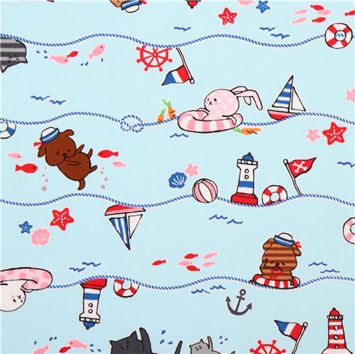 light blue animal sailor oxford fabric by Kokka from Japan