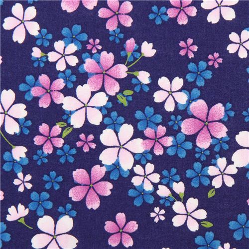 navy blue Asia fabric with purple and pink cherry blossom from Japan 