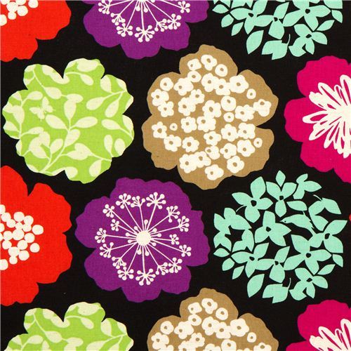 black echino canvas fabric colourful flowers from Japan