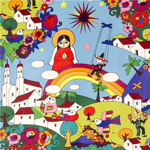 blue Mexican folklore laminate fabric Alexander Henry