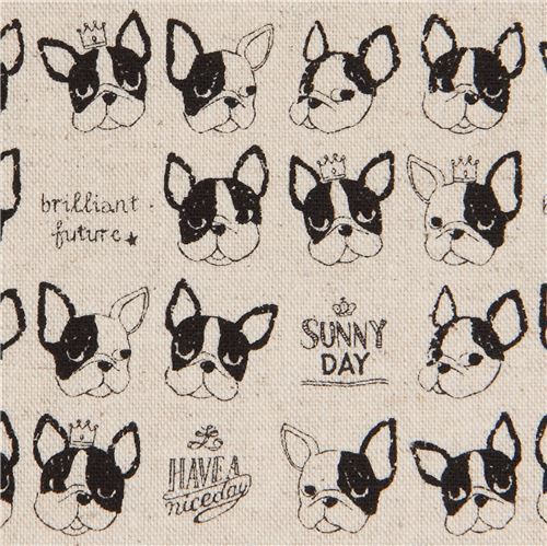 French bulldog natural color canvas fabric by Kokka