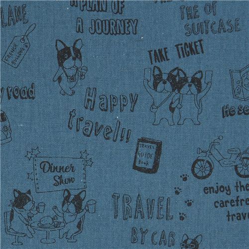 dog animal French Bulldog transport Canvas fabric dark blue by Kokka Japan