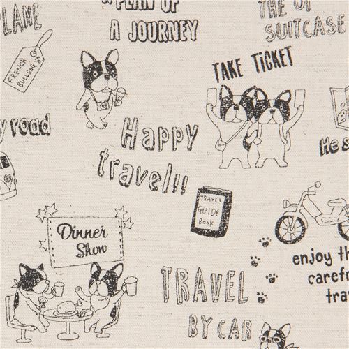 dog animal French Bulldog transport natural color Canvas fabric by Kokka Japan