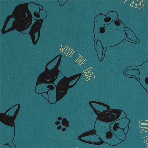 embellished French Bulldog canvas fabric in dark green