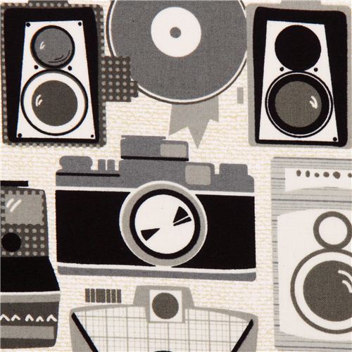 retro camera premium laminate fabric neutral Michael Miller