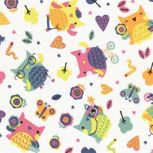 white funny owl bird butterfly heart tree fabric by Timeless Treasures 