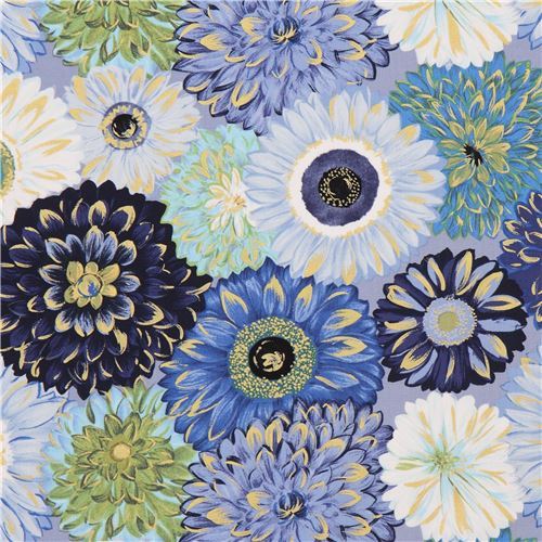 blue green white flower fabric gold metallic embellishment by Michael Miller