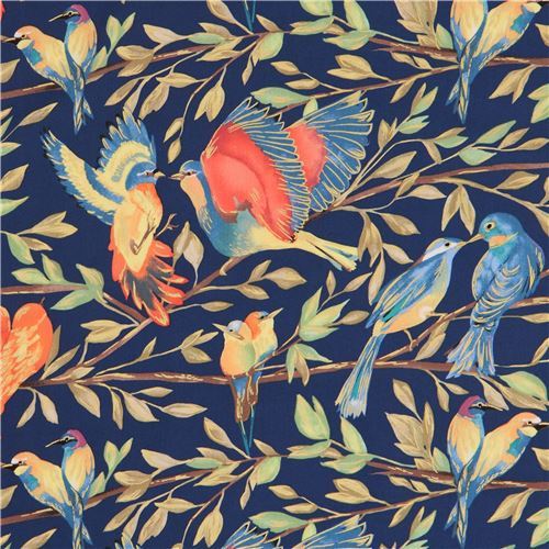 dark blue colorful bird fabric gold metallic embellishment by Michael Miller