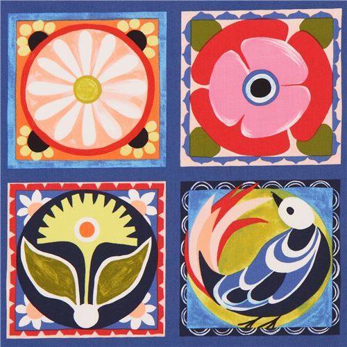 dark blue colorful flower panel fabric by Michael Miller