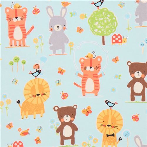 light blue cute rabbit lion Michael Miller animal flannel fabric from the USA