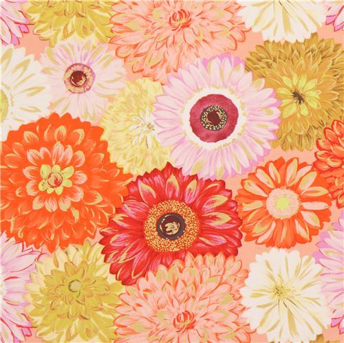 orange coral pink flower fabric gold metallic embellishment by Michael Miller